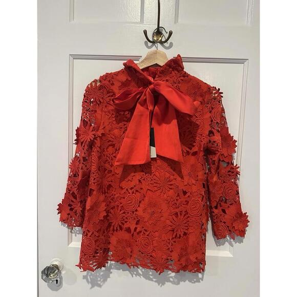 Tuckernuck Faye Red Guipure Lace Ruffle Tie Neck Top NWT Extra Small Sold Out - Picture 2 of 5